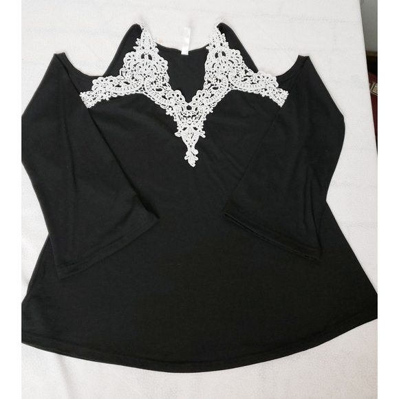 Hua Lan Black Cold Shoulder Top With Lace Sz Xl - Picture 2 of 5